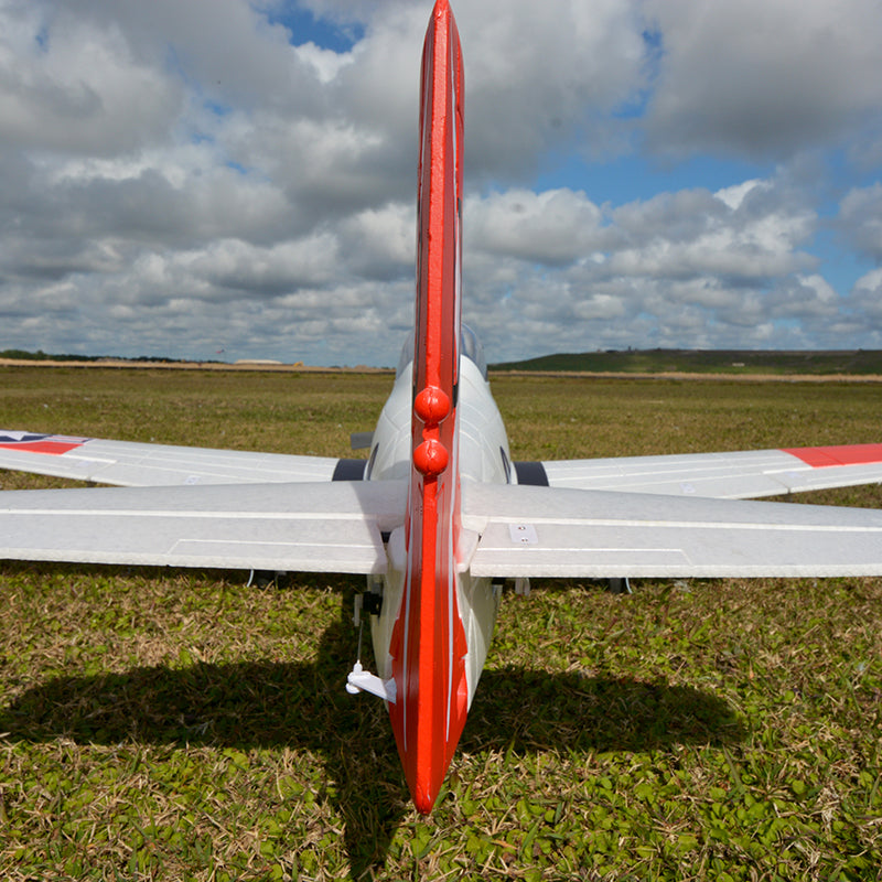 FMS 1400mm T-28D Trojan V4 Red PNP model airplane tail view on grassy field