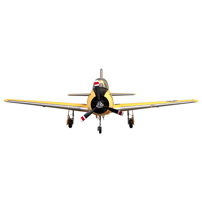 FMS 1400mm T-28D Trojan V4 Yellow PNP model aircraft, front view, with black propeller and pilot figure.