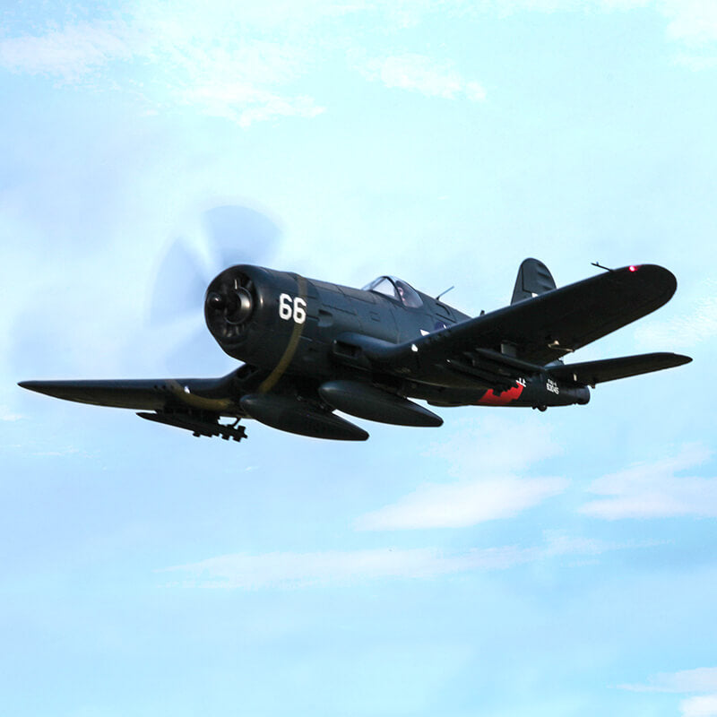 FMS 1700mm F4U Corsair V3 PNP RC airplane in flight with number 66 on the nose.