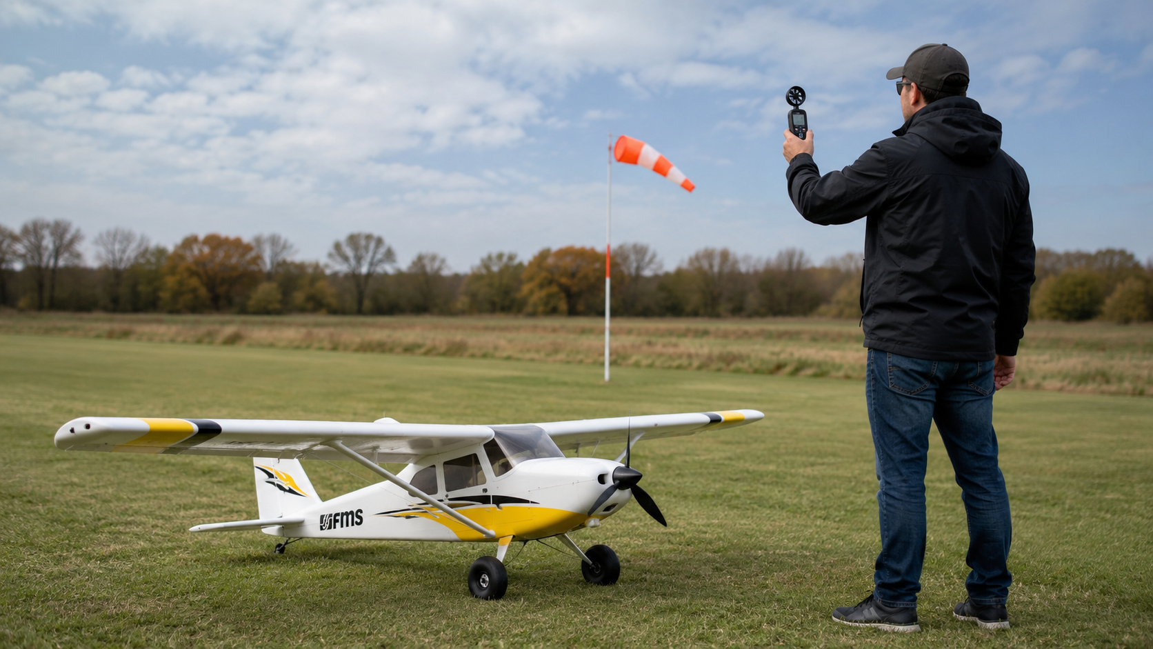 FMS high-wing RC plane on a grassy flying field while a pilot checks wind speed with a handheld meter before takeoff