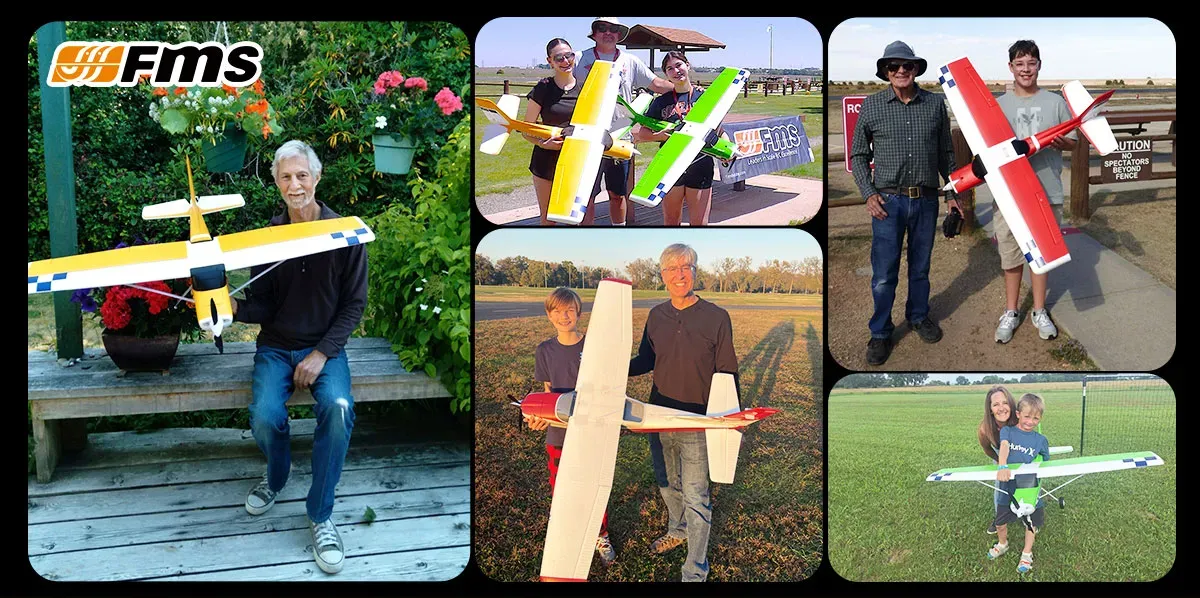 FMS Hobby community members posing with RC airplanes at outdoor flying fields and parks