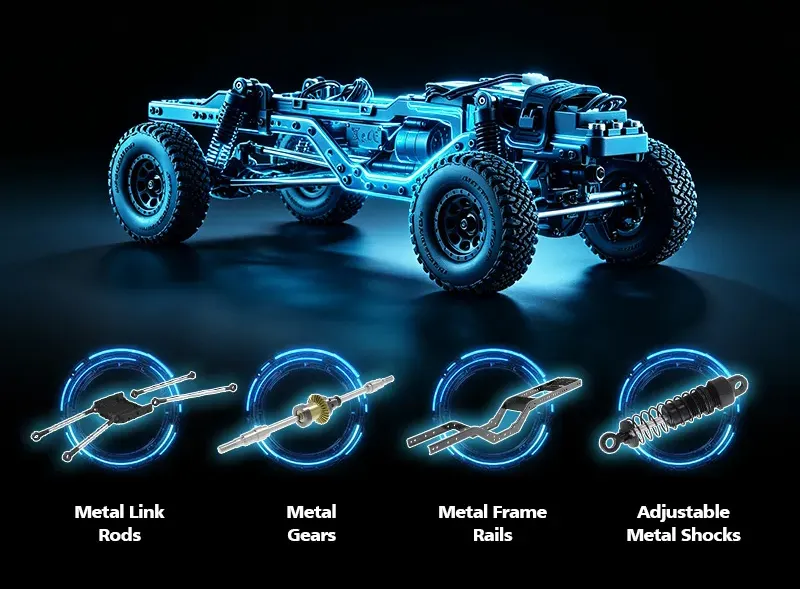 Cutaway diagram of a hobby-grade RC crawler chassis highlighting metal link rods, gears, frame rails and adjustable shocks