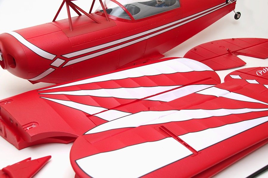 FMS 1400mm Pitts V2 PNP model airplane fuselage and wings, bright red with white stripes.