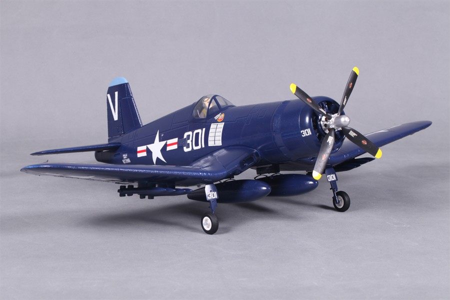 Blue FMS 800mm F4U Corsair V2 model airplane with white markings and landing gear deployed.