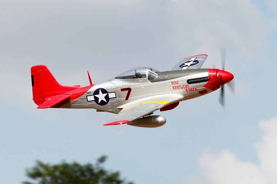 FMS 1700mm P-51D Red Tail PNP model airplane 'Miss Kentucky State' flying, silver with red tail and markings.