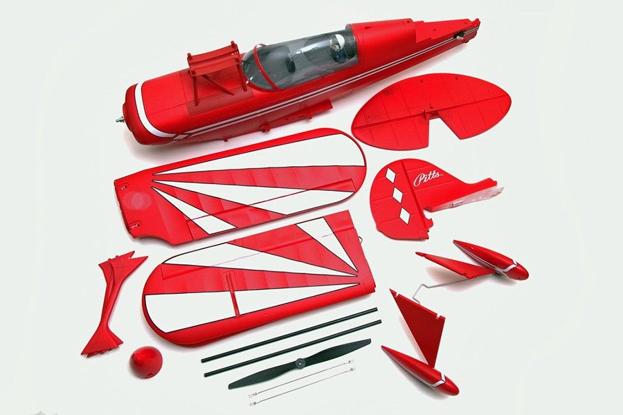 FMS 1400mm Pitts V2 PNP model airplane parts: red fuselage, wings with white sunburst, tail sections, propeller.