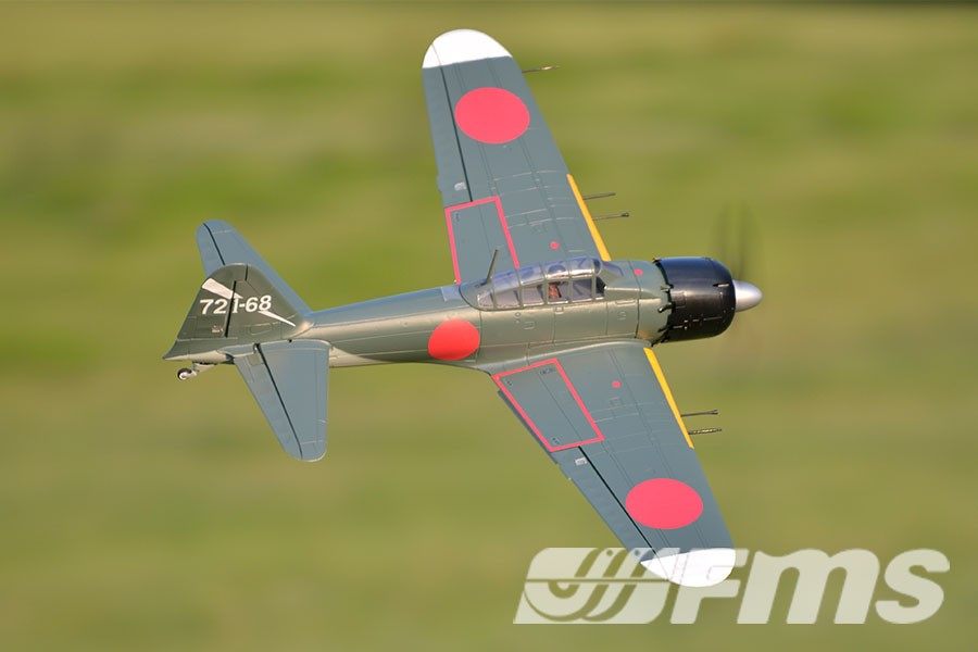 FMS 1100mm A6M5 Zero PNP model aircraft flying, detailed camouflage, red Hinomaru, tail code '721-68'.