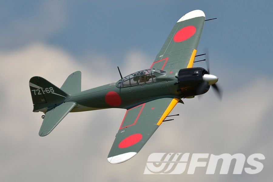 FMS 1100mm A6M5 Zero PNP model airplane in flight, featuring green camouflage, red insignia, and "721-68" tail marking.