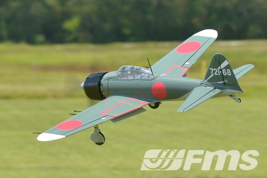 FMS 1100mm A6M5 Zero PNP model aircraft in flight, olive drab with red insignia and '721-68' tail marking.