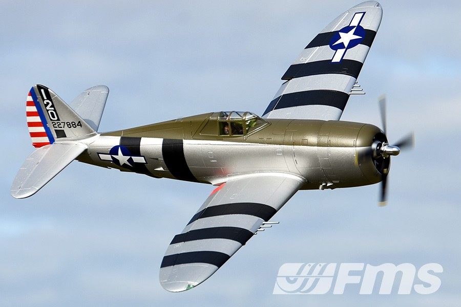 FMS 1500mm P-47 Thunderbolt Bonnie PNP RC airplane in flight with scale details, warbird markings, and FMS logo.