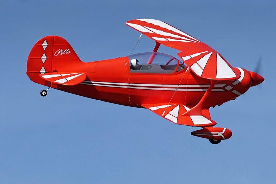 FMS 1400mm Pitts V2 PNP red biplane aerobatic RC airplane in flight with white wing accents