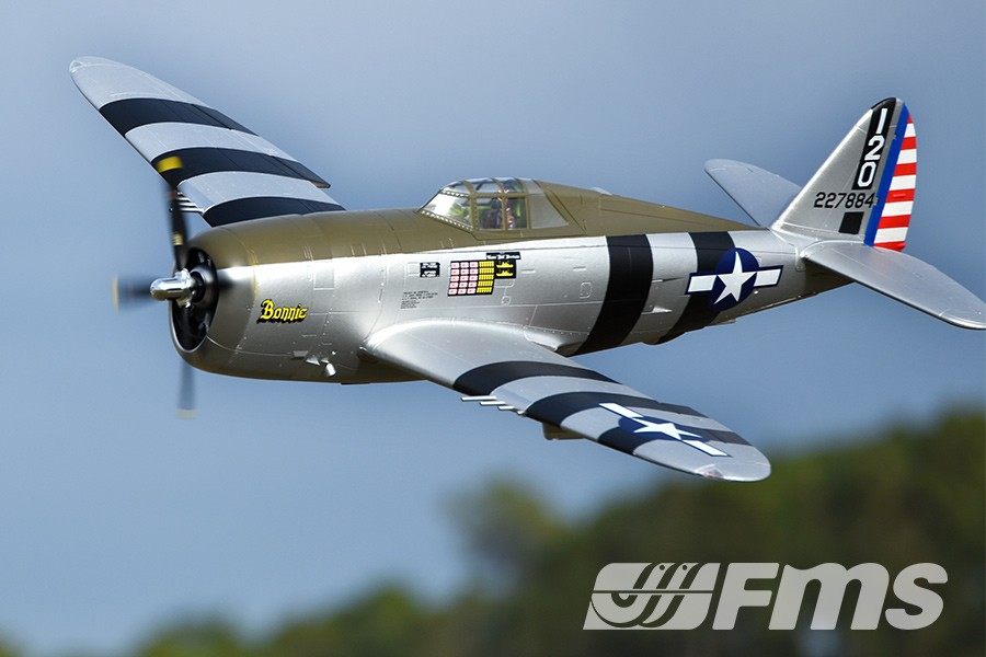 FMS 1500mm P-47 Thunderbolt Bonnie PNP RC plane, silver/olive drab, striped wings, in flight.