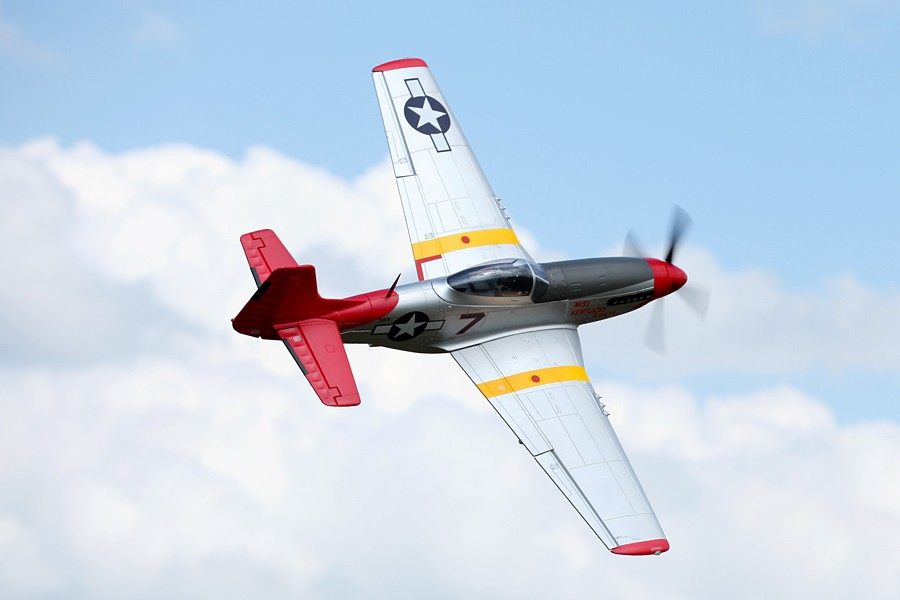 FMS 1700mm P-51D Red Tail PNP model. Silver with red tail, yellow wing stripes, and star insignia.