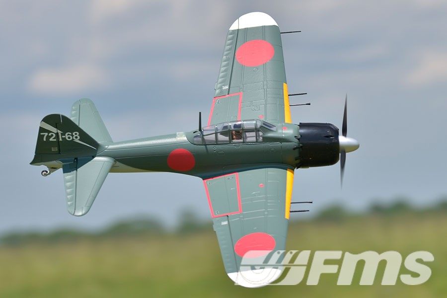 FMS 1100mm A6M5 Zero PNP scale model airplane in flight with '721-68' marking.