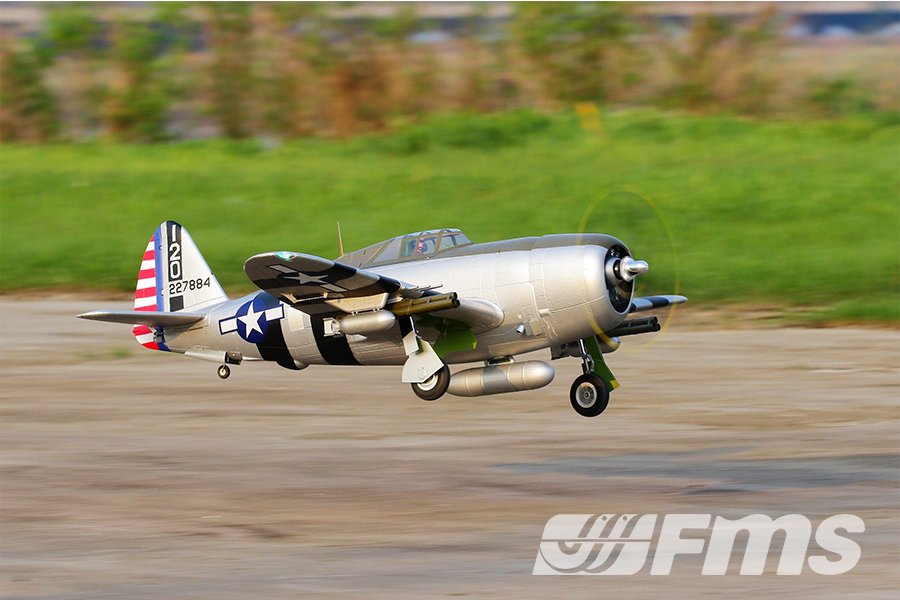FMS 1500mm P-47 Thunderbolt Bonnie PNP RC warbird airplane with realistic markings and retractable landing gear in flight.
