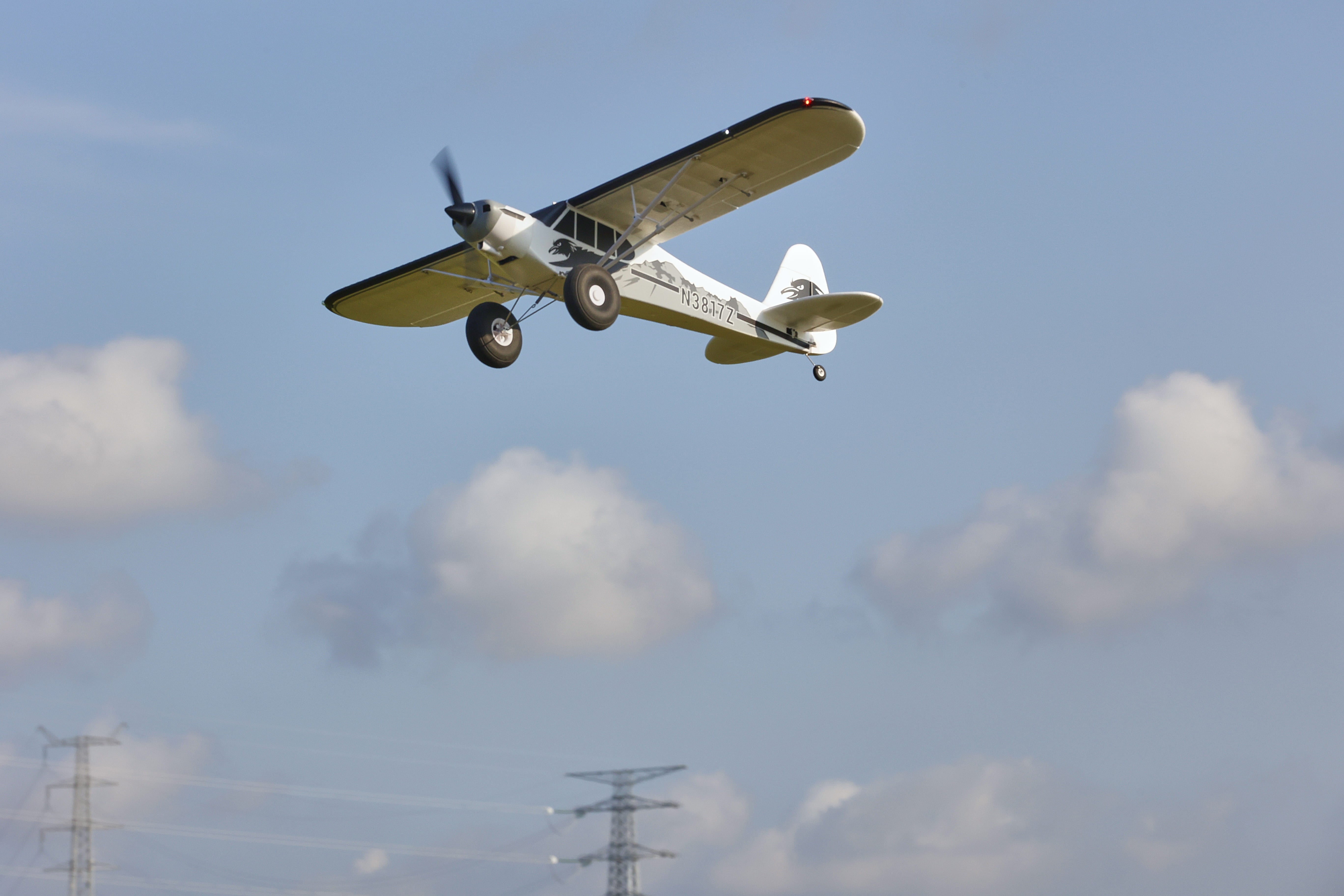 Fmshobby white high-wing RC airplane with black wolf graphics N3817Z flying in blue sky over power lines