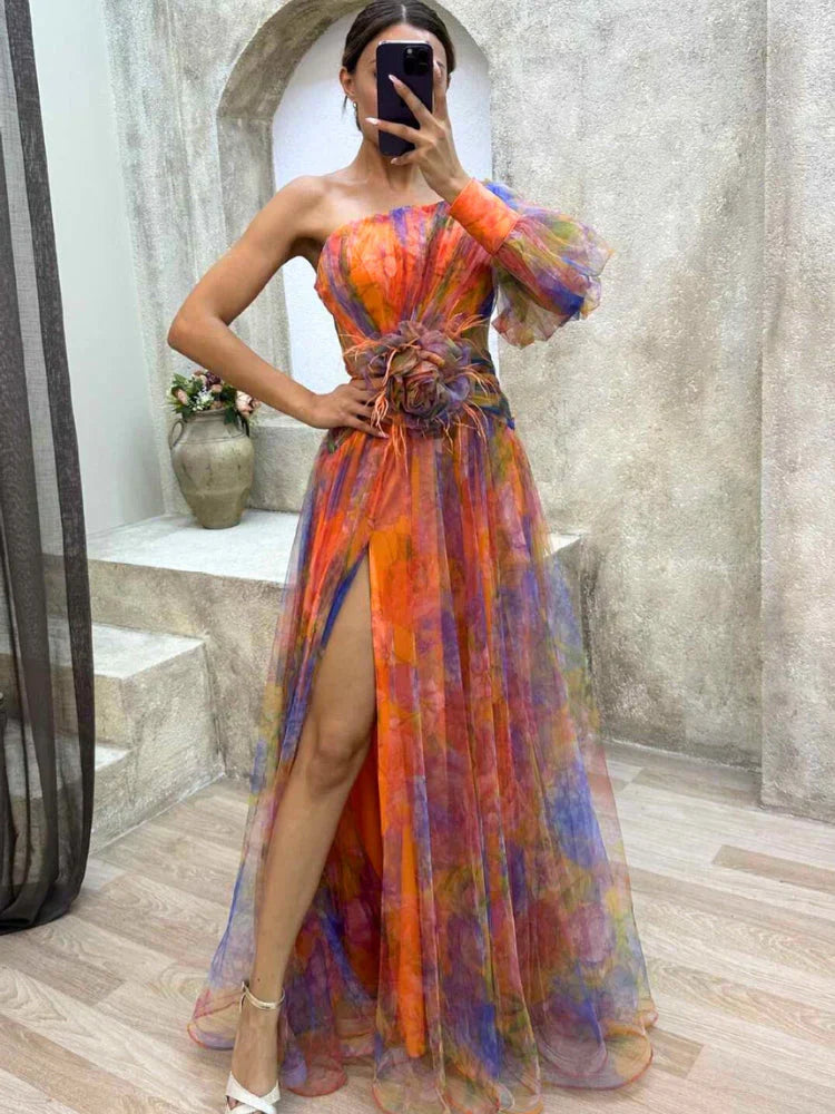 Maxi-Kleid Rosea Asymmetrischer Blumendruck-Embercourt