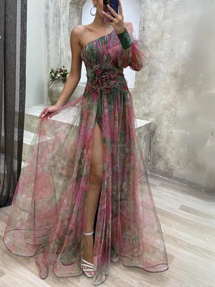 Maxi-Kleid Rosea Asymmetrischer Blumendruck-Embercourt