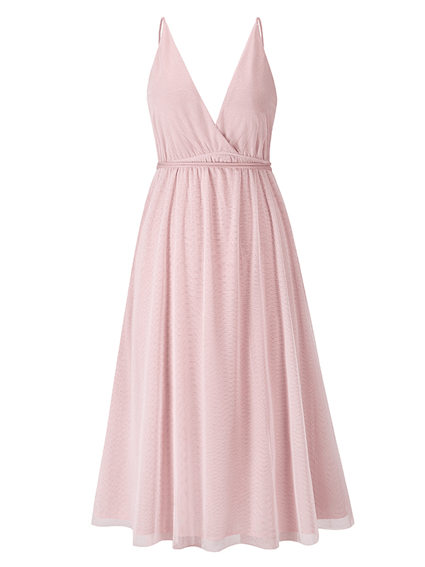 Schickes, Bauschiges Midi-Trapezkleid aus fließendem Tüll, rückenfrei, mit zarten Trägern und V-Ausschnitt für Damen, ideal für Cocktailpartys-Embercourt