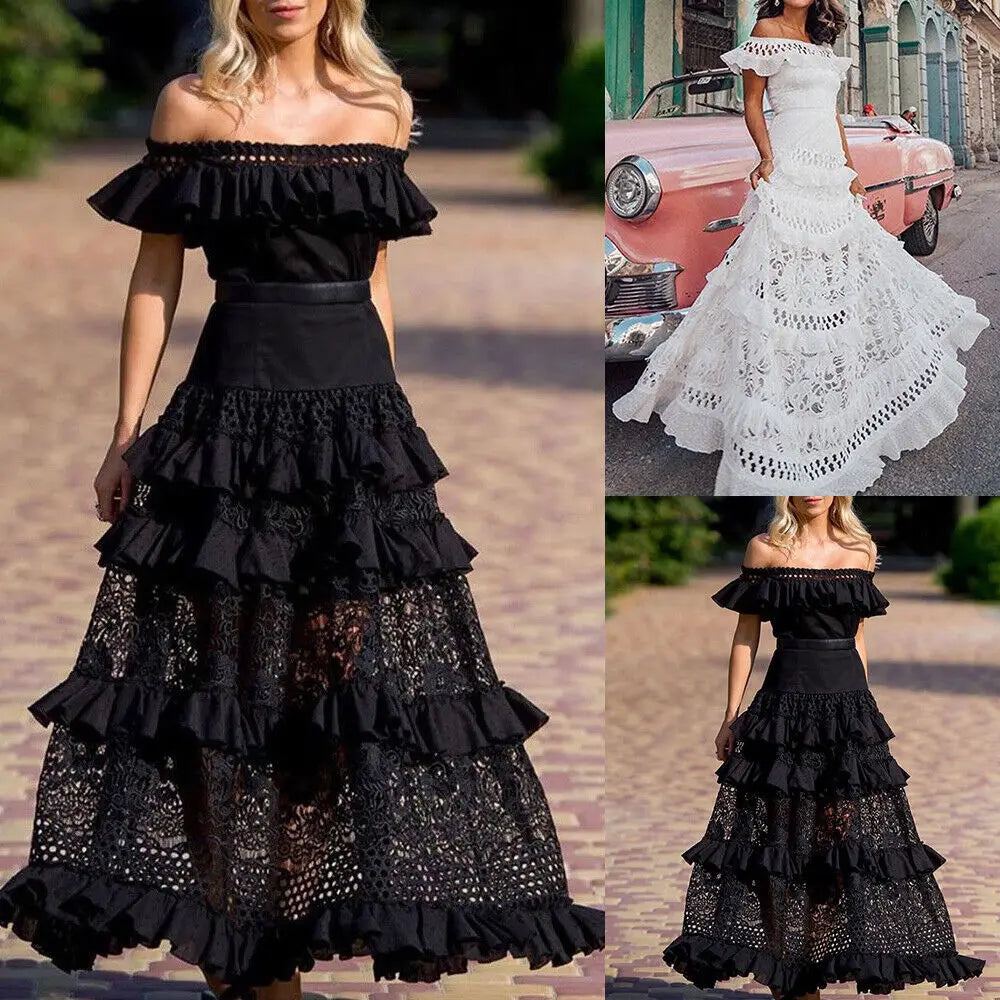 Schulterfreies Rüschen-Maxikleid mit Spitzendetails-Embercourt