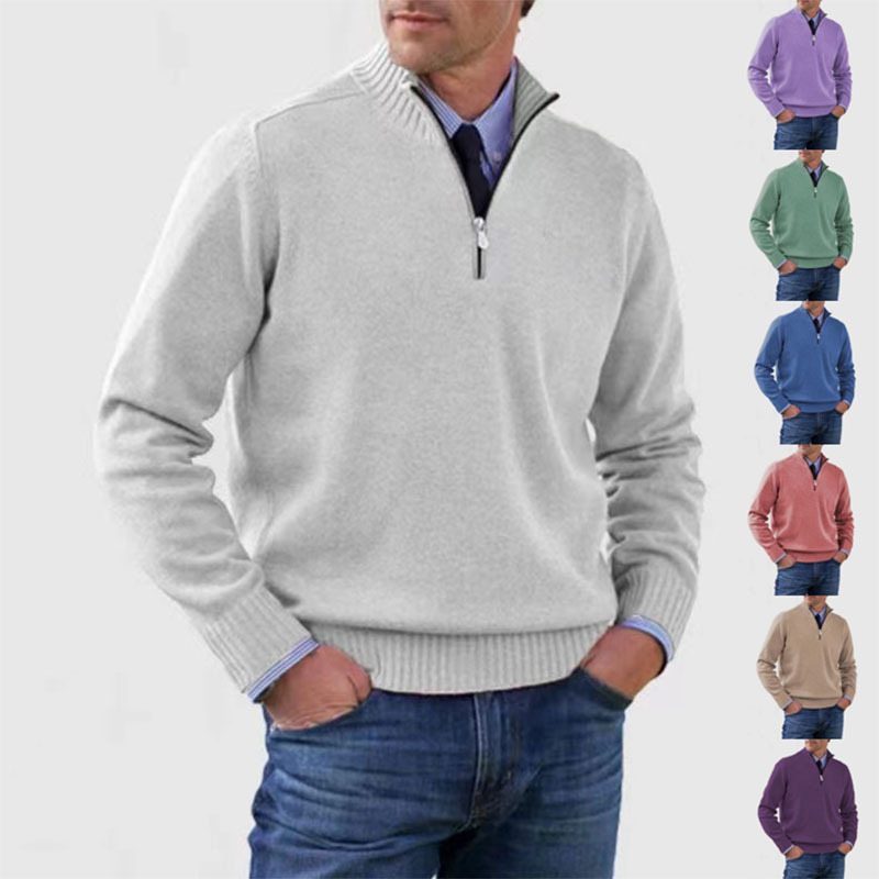 Men's Solid Color Stand Collar Zipper Basic Sweater