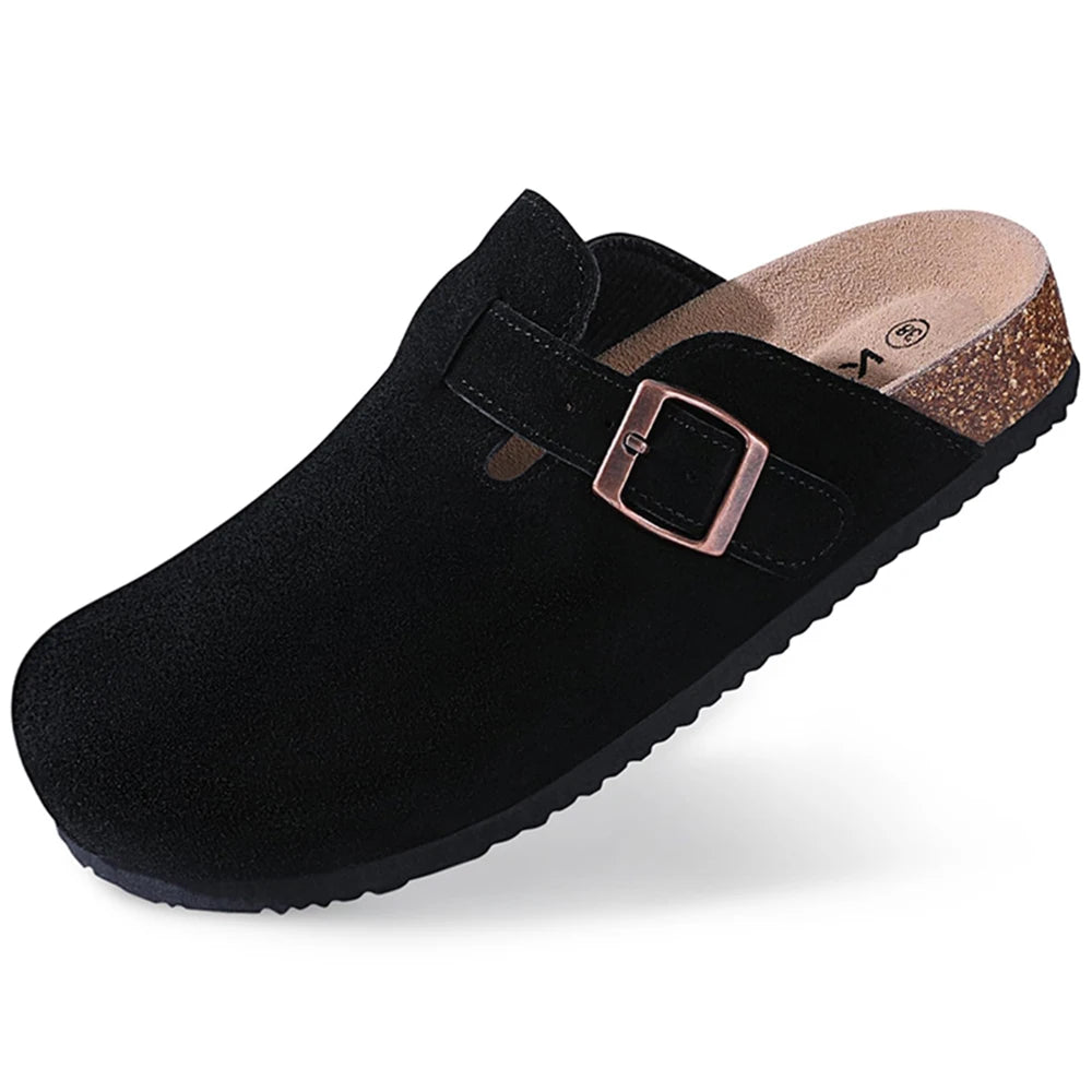 Genuine Suede Clogs – Unisex Comfort with Arch Support & Cork Footbed
