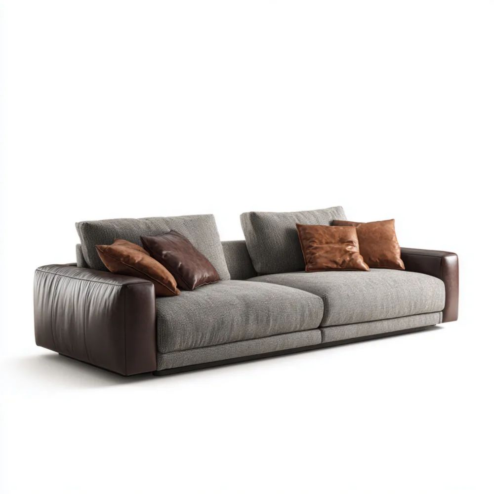 Divano a due posti 210x100x90 cm Tessuto e Pelle - Grigio Scuro/Marrone - Design Moderno