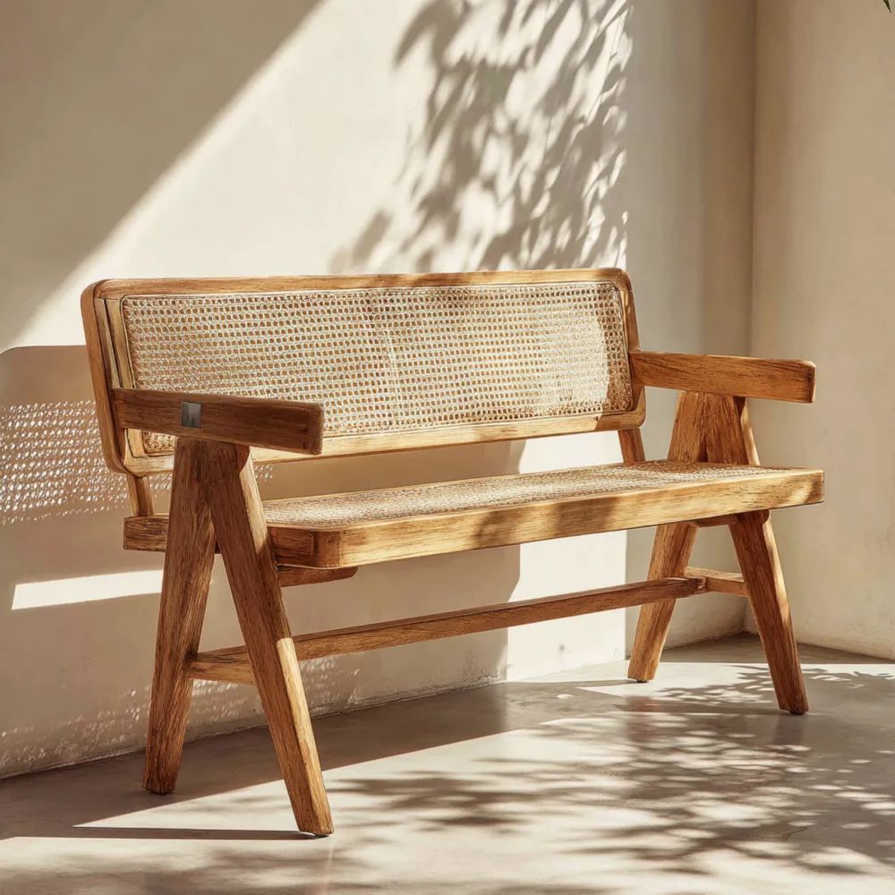 Panca da giardino in legno e rattan - 120x60x85 cm - Design rustico Naturale