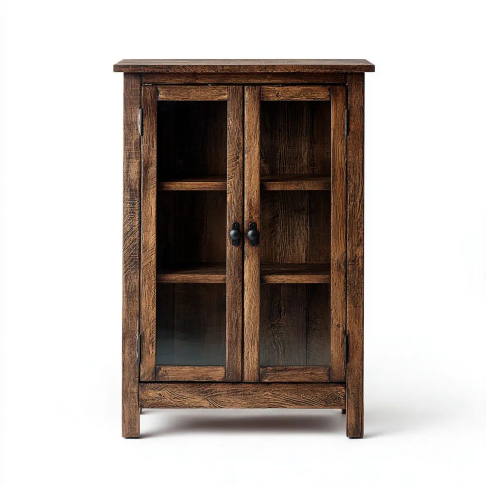 Credenza in Legno Massello 80x40x120 cm Porta in Vetro - Marrone - Design Rustico