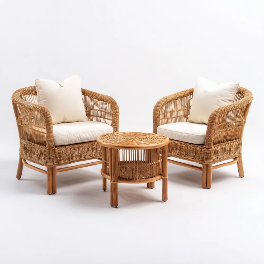 Set di mobili relax in rattan 70x75x80 cm con cuscini - Naturale/Crema