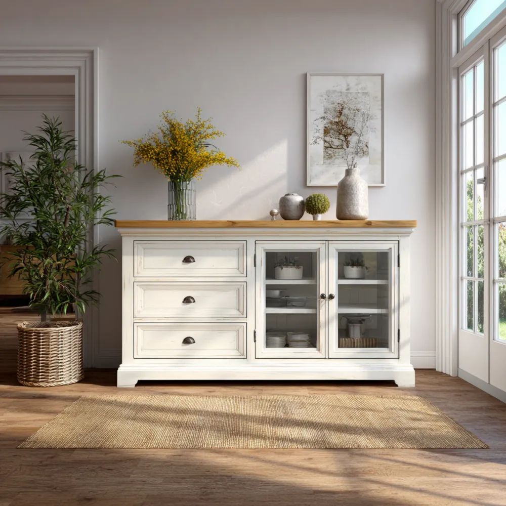 Credenza in Legno Massello 140x40x85 cm - Bianco/Naturale