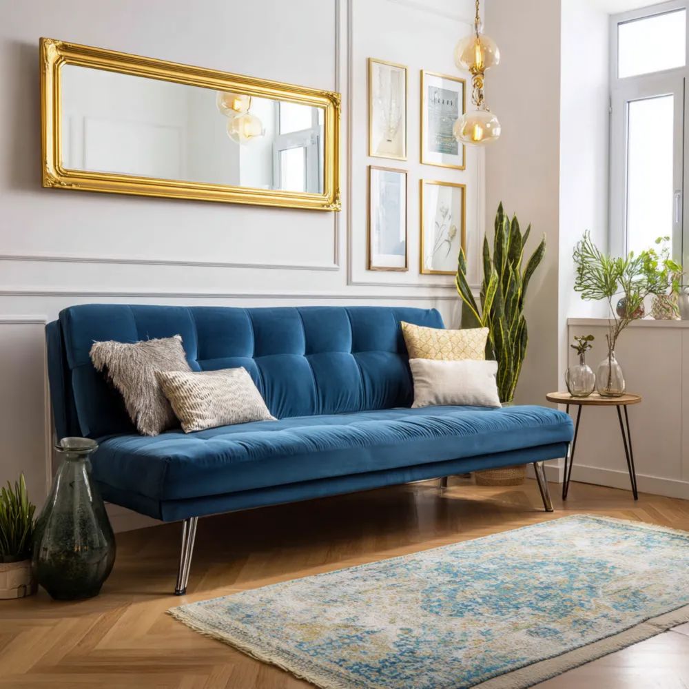 Divano Letto a Due Posti in Velluto Blu - Design Moderno (200x85x85 cm)