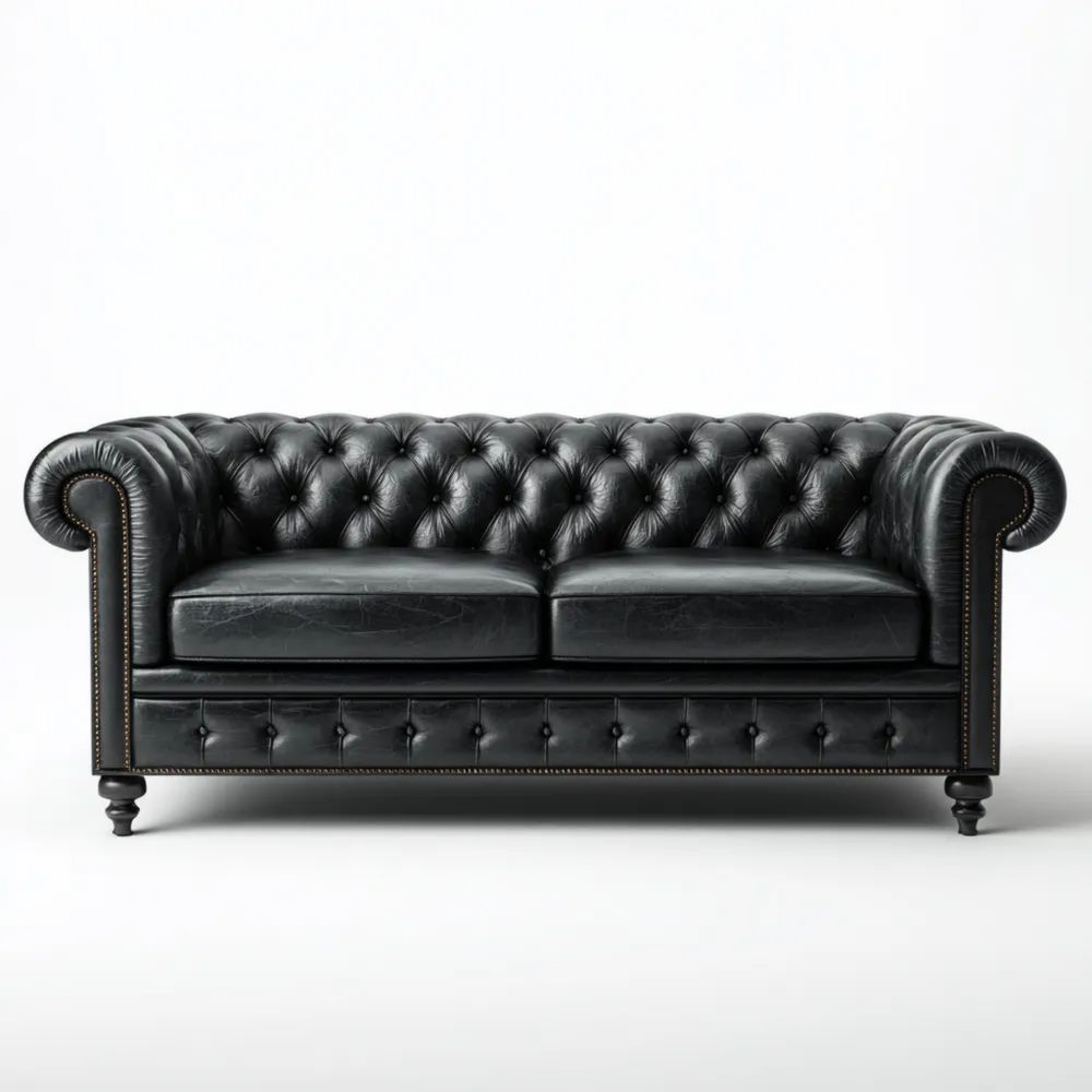 2-Sitzer Ledersofa 180x85x75 cm - Schwarz - Chesterfield Design