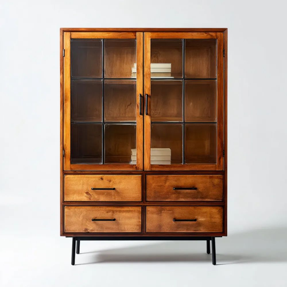 Vetrina in legno massello con ante in vetro - 120x40x180 cm - Colore Naturale