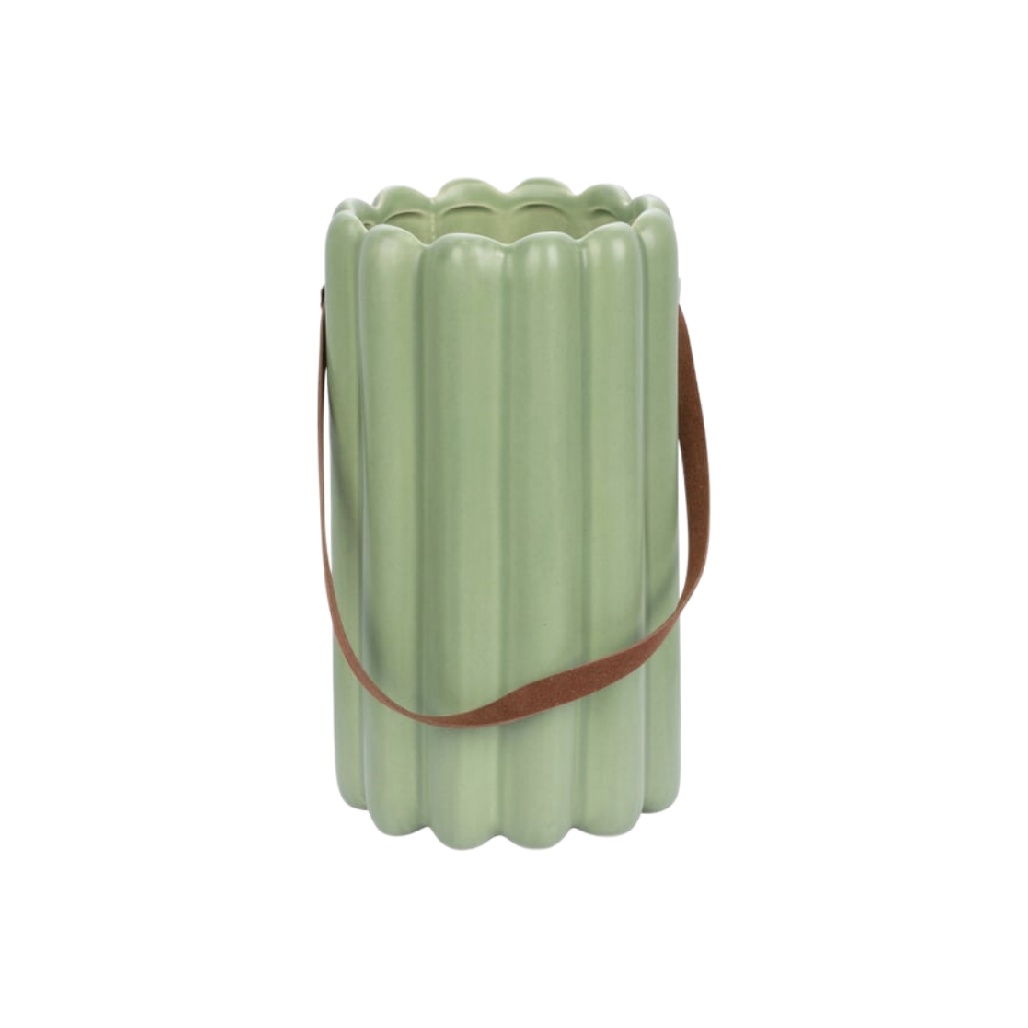 Vase Lanterne en Céramique Vert Sauge à Cannelures avec Anse en Cuir-oakcarve