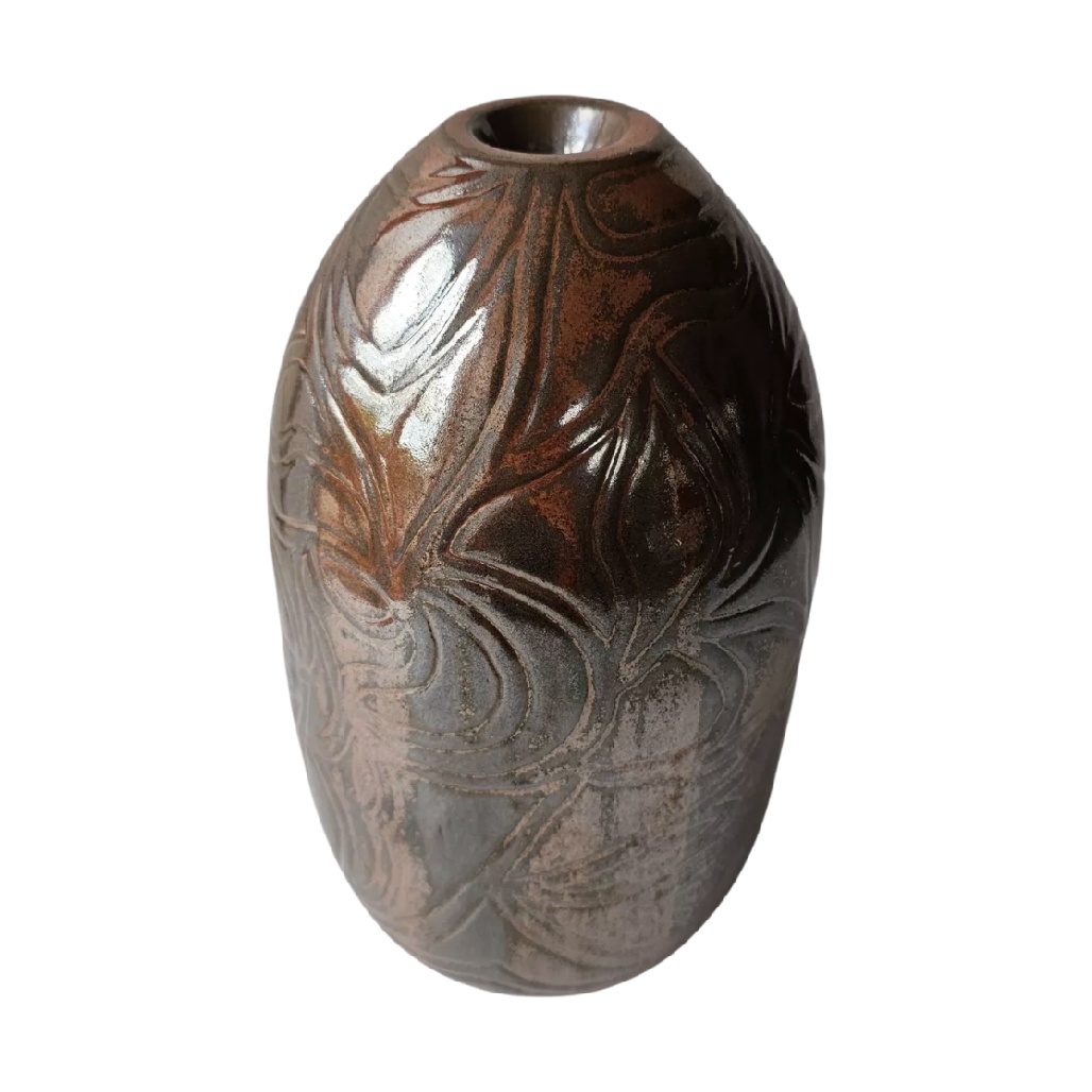 Vase Ovale en Céramique Bronze Métallisé avec Relief Floral Artisanal-oakcarve
