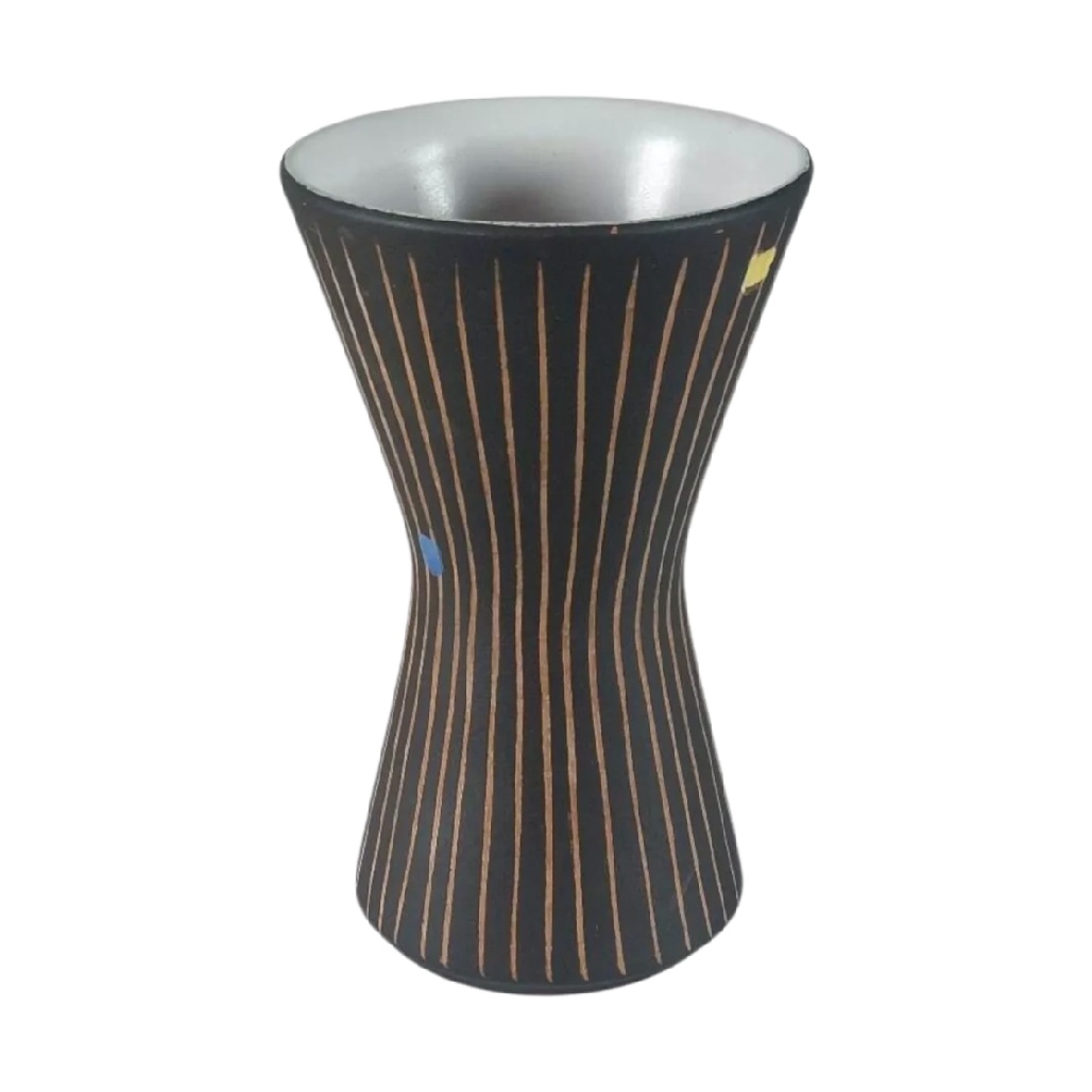 Vase Diabolo en Céramique Noire à Fines Rayures et Accents Colorés (Design Mid-Century)-oakcarve