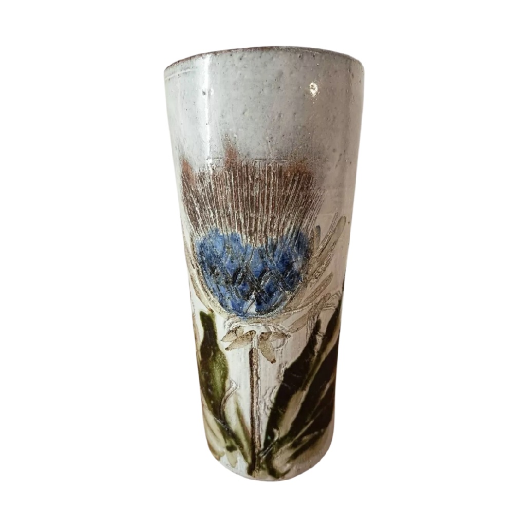 Vase Cylindrique en Céramique Artisanale à Motif Chardon Bleu (Style Rustique)-oakcarve