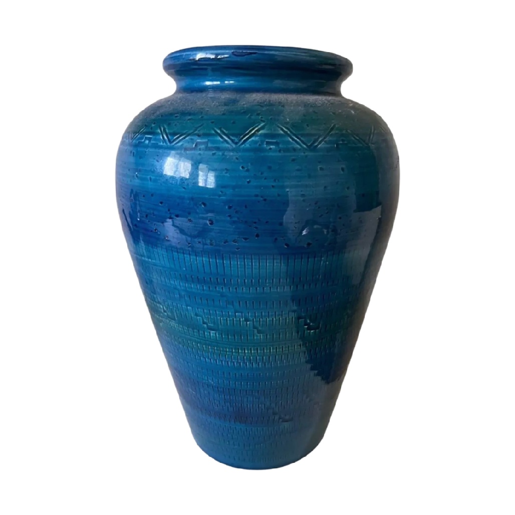 Grand Vase en Céramique Bleu Cobalt avec Motifs Géométriques Gravés-oakcarve