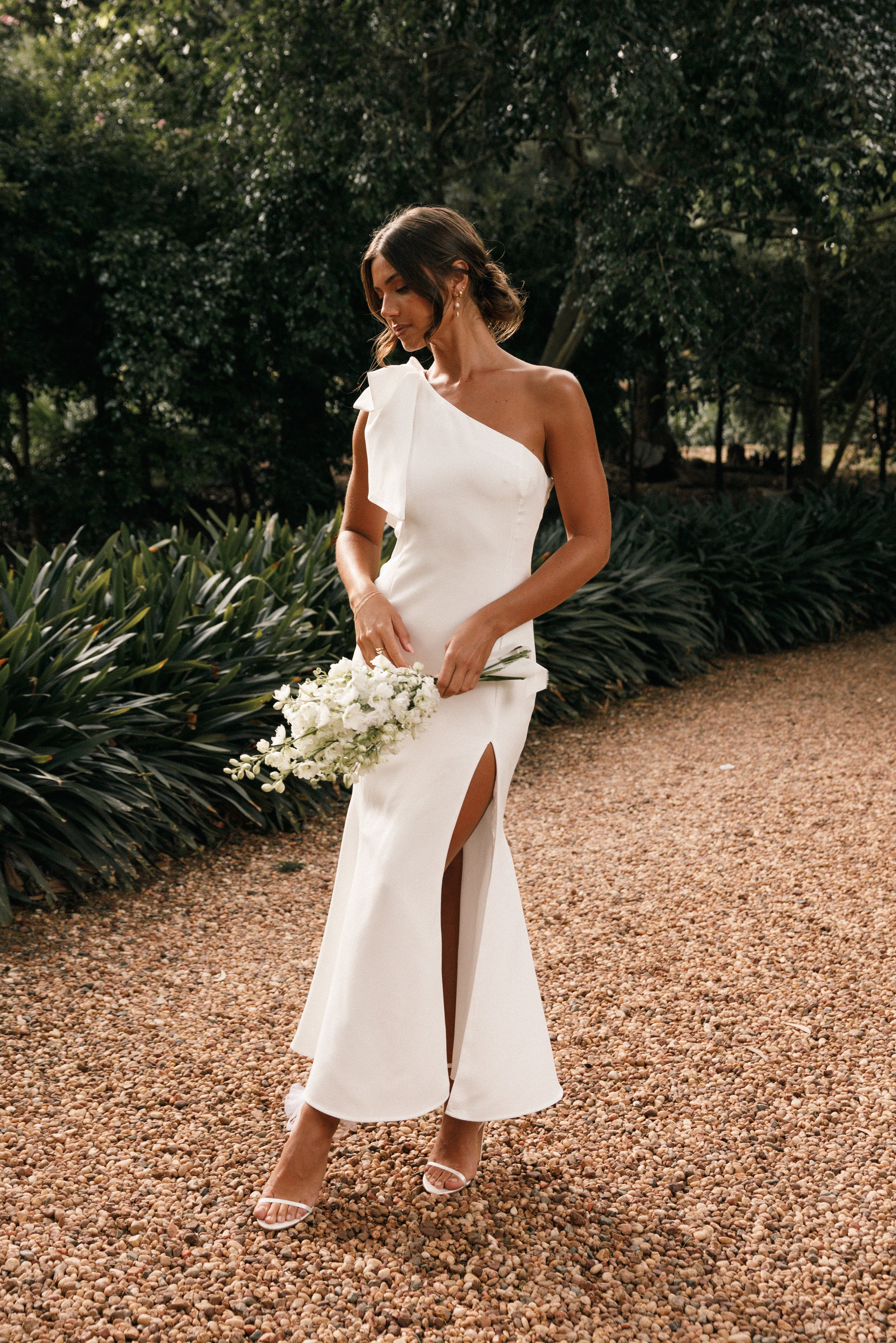 Charmed One Shoulder Midi Dress - Off White-Lovveek