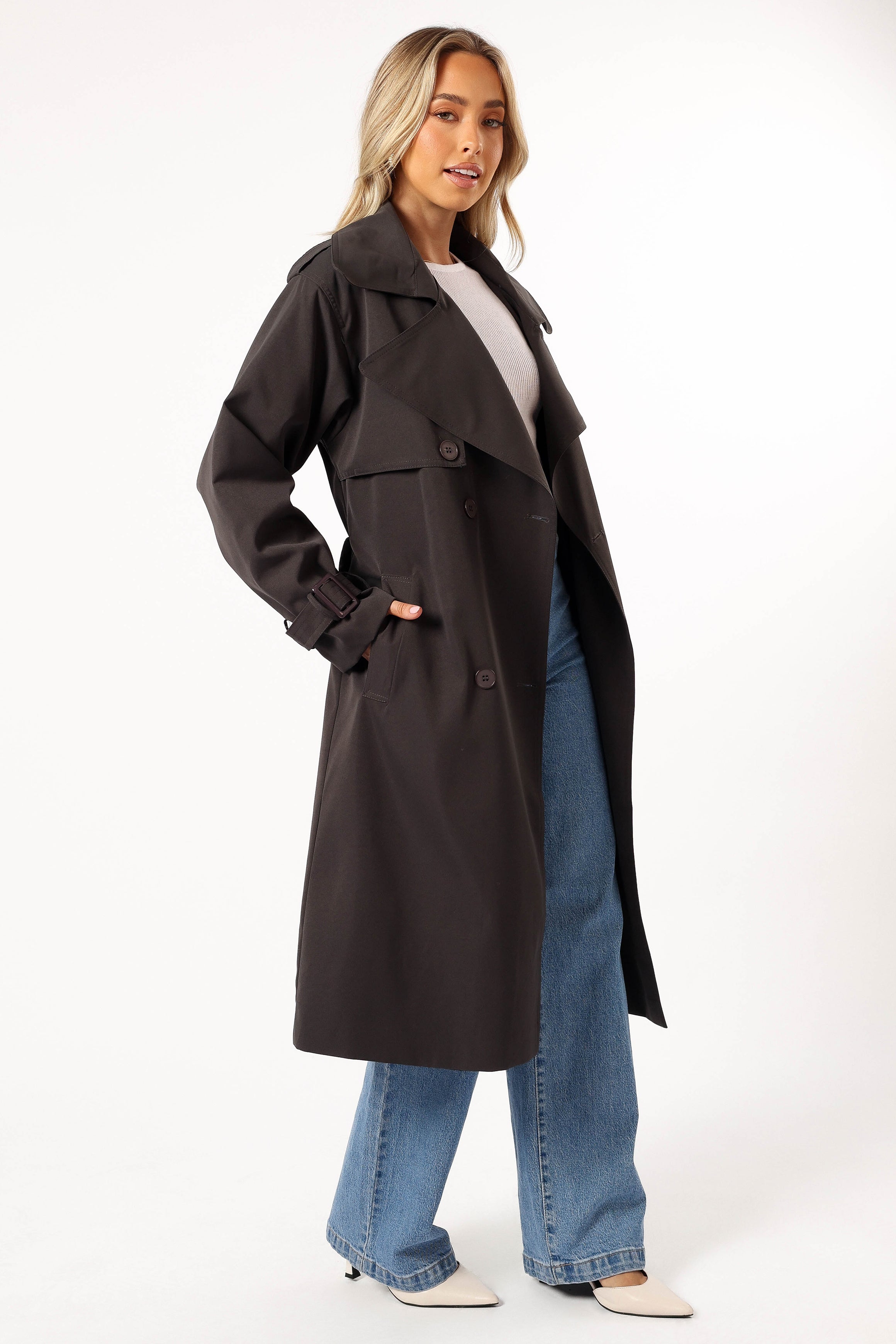 Billy Button Front Trench Coat - Charcoal-Lovveek