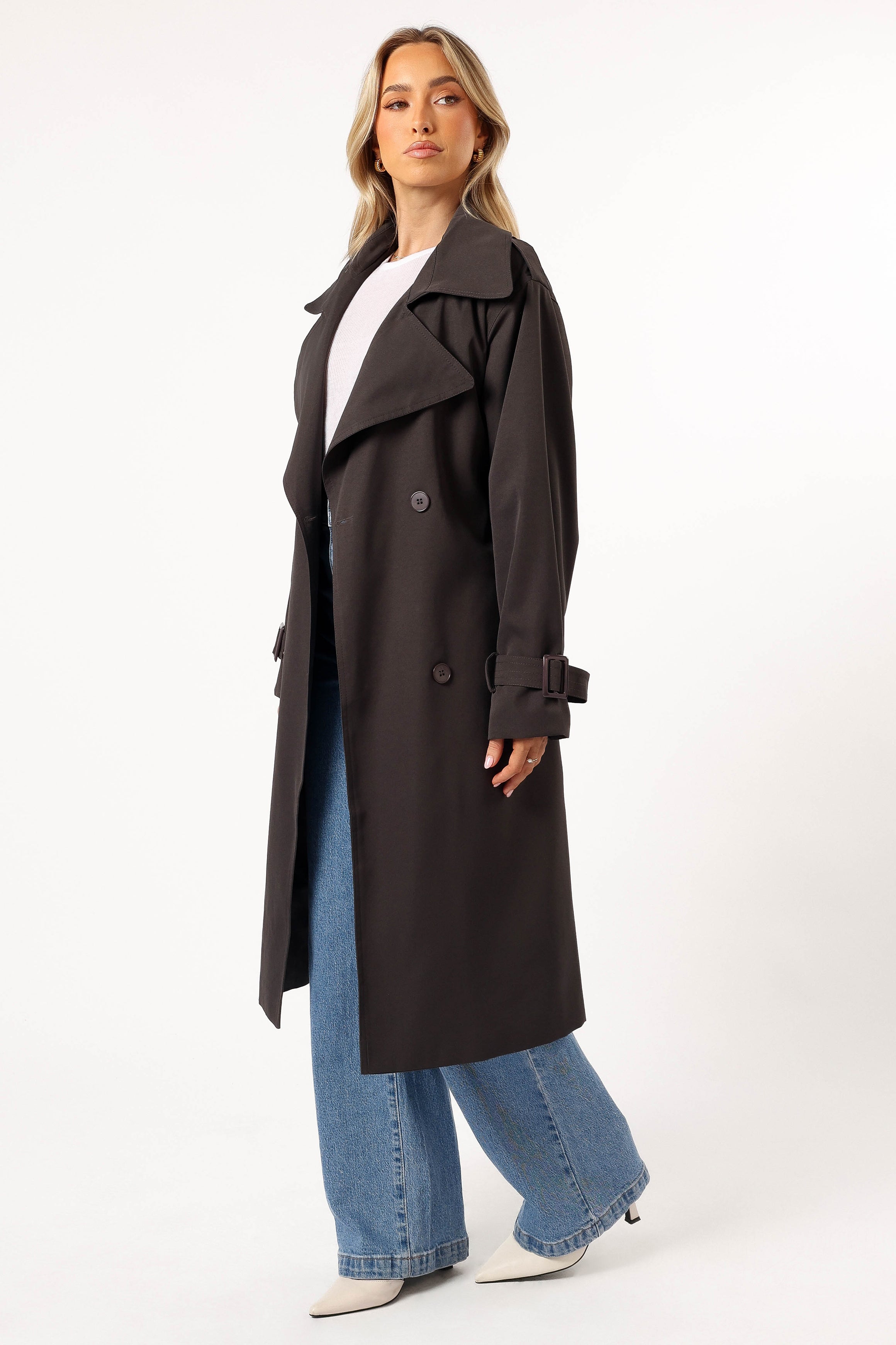 Billy Button Front Trench Coat - Charcoal-Lovveek