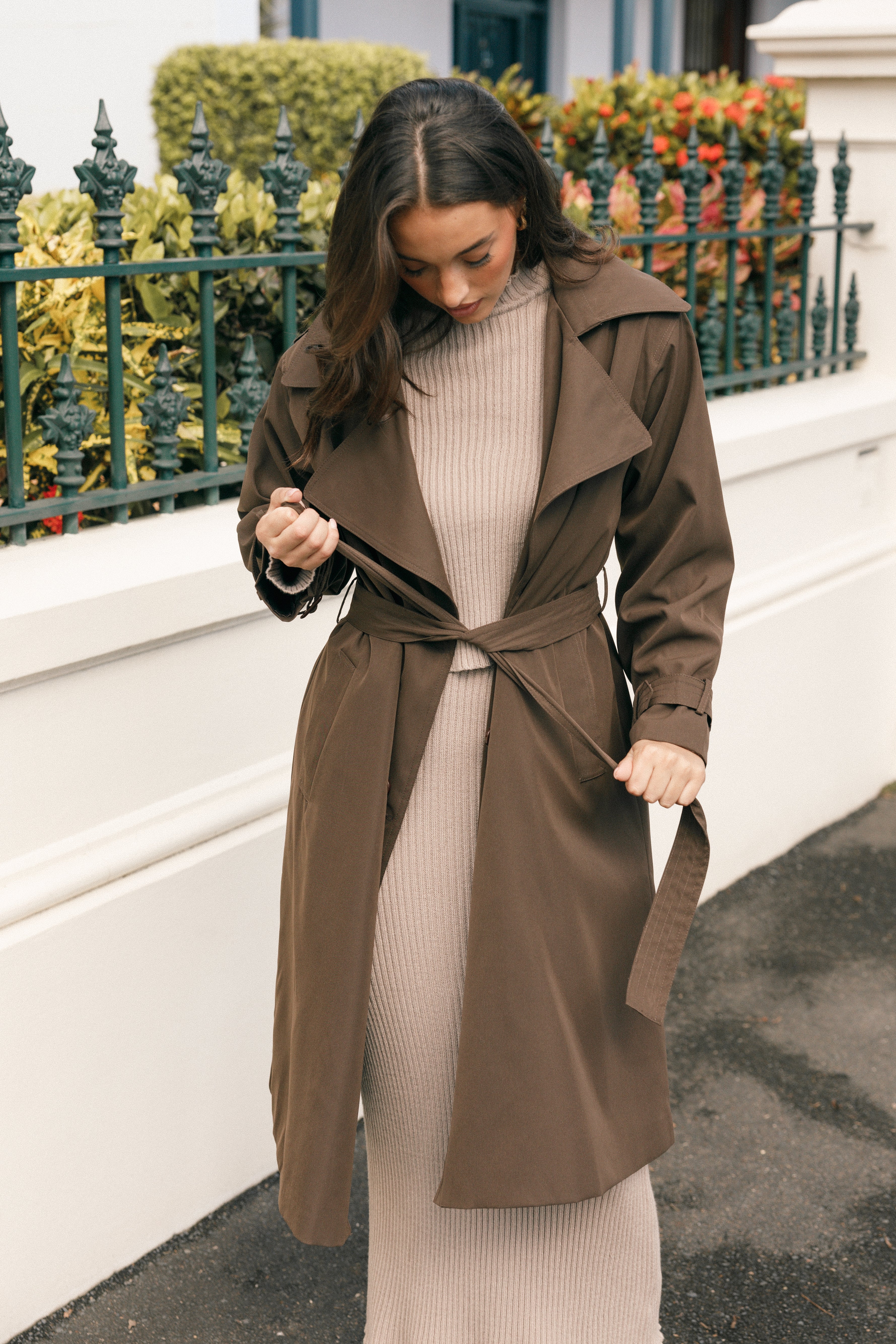 Billy Button Front Trench Coat - Chocolate Brown-Lovveek