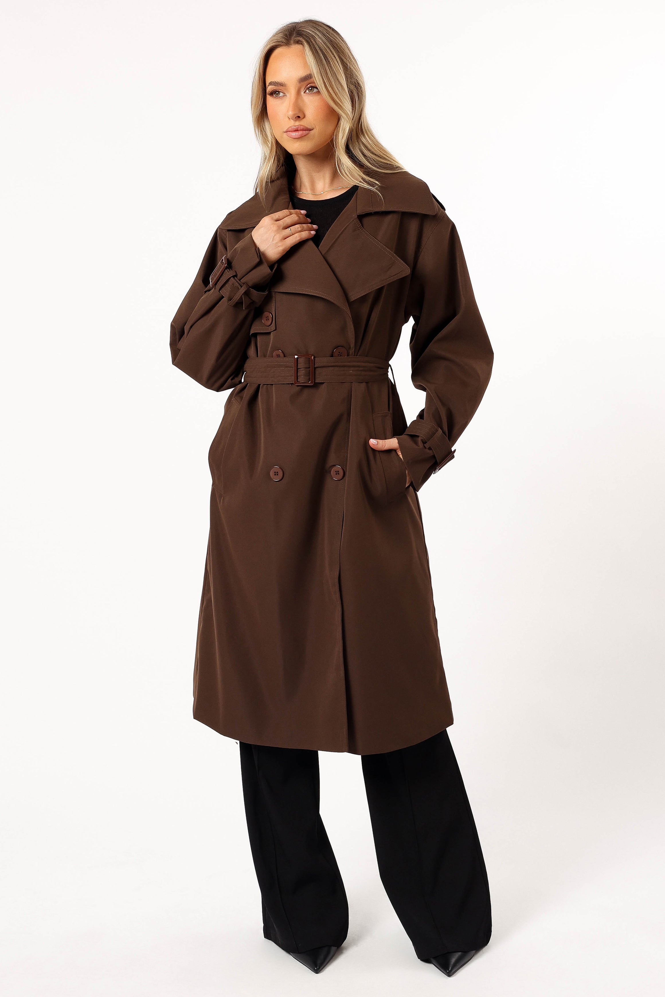 Billy Button Front Trench Coat - Chocolate Brown-Lovveek