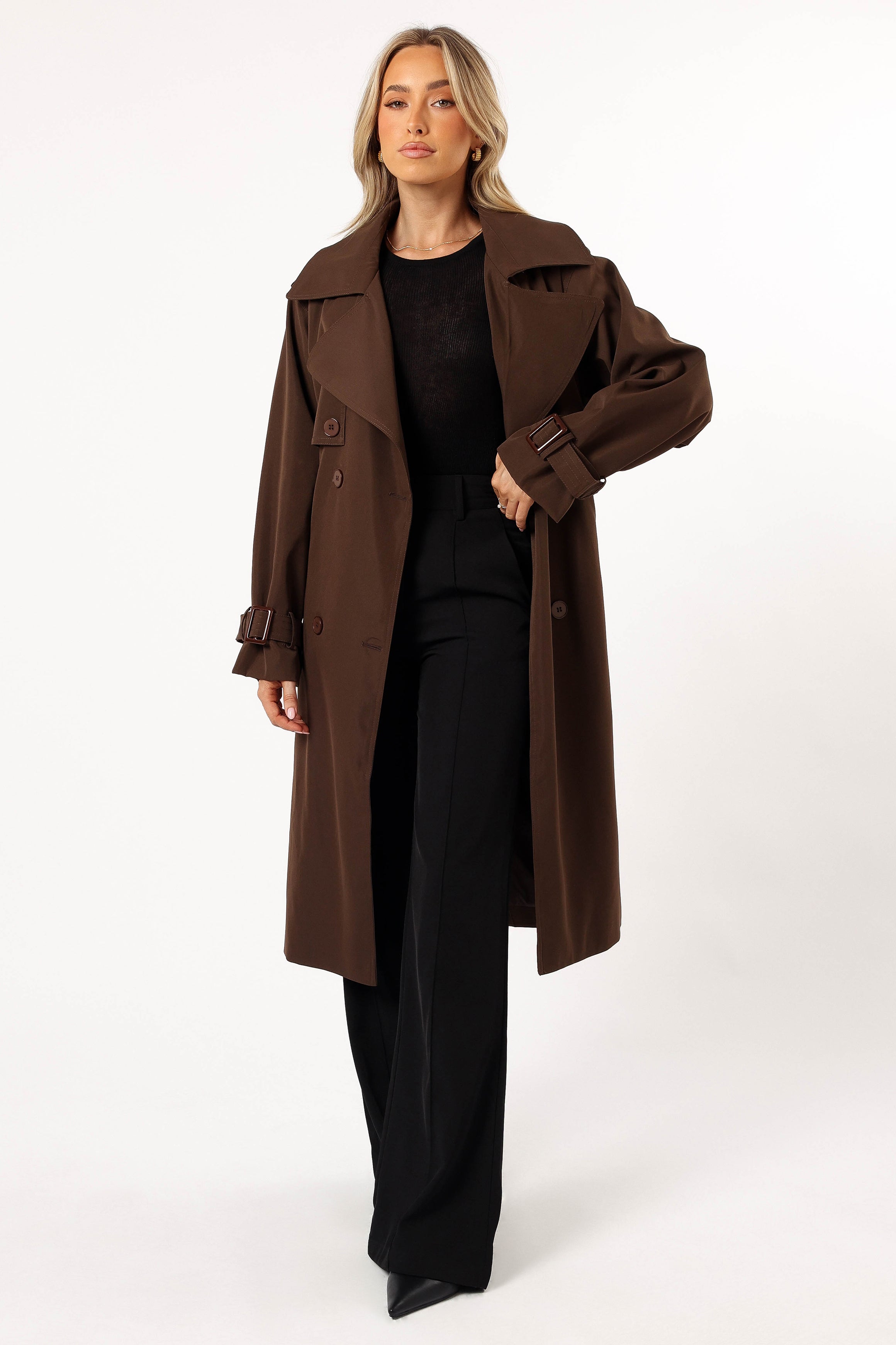 Billy Button Front Trench Coat - Chocolate Brown-Lovveek