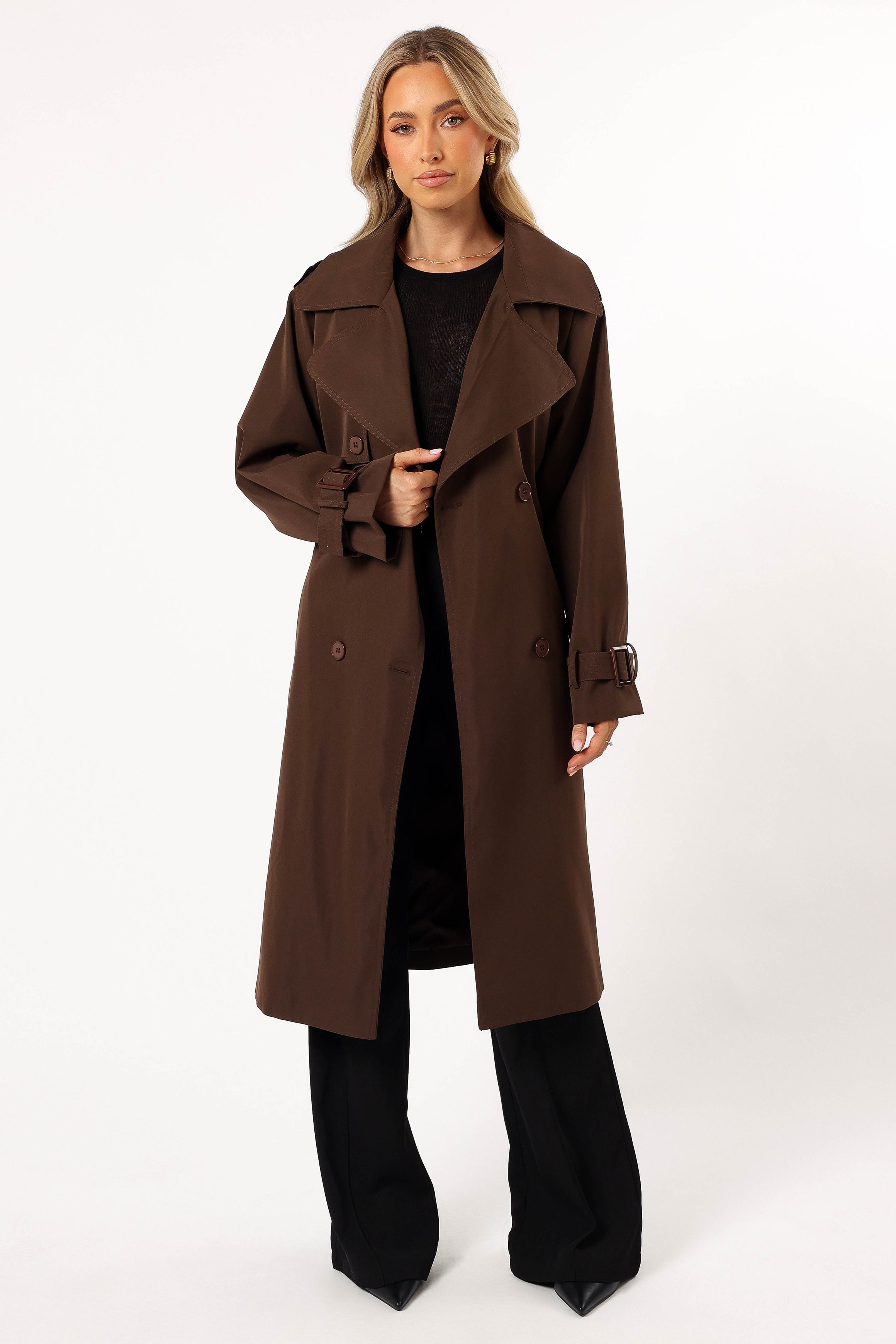 Billy Button Front Trench Coat - Chocolate Brown-Lovveek