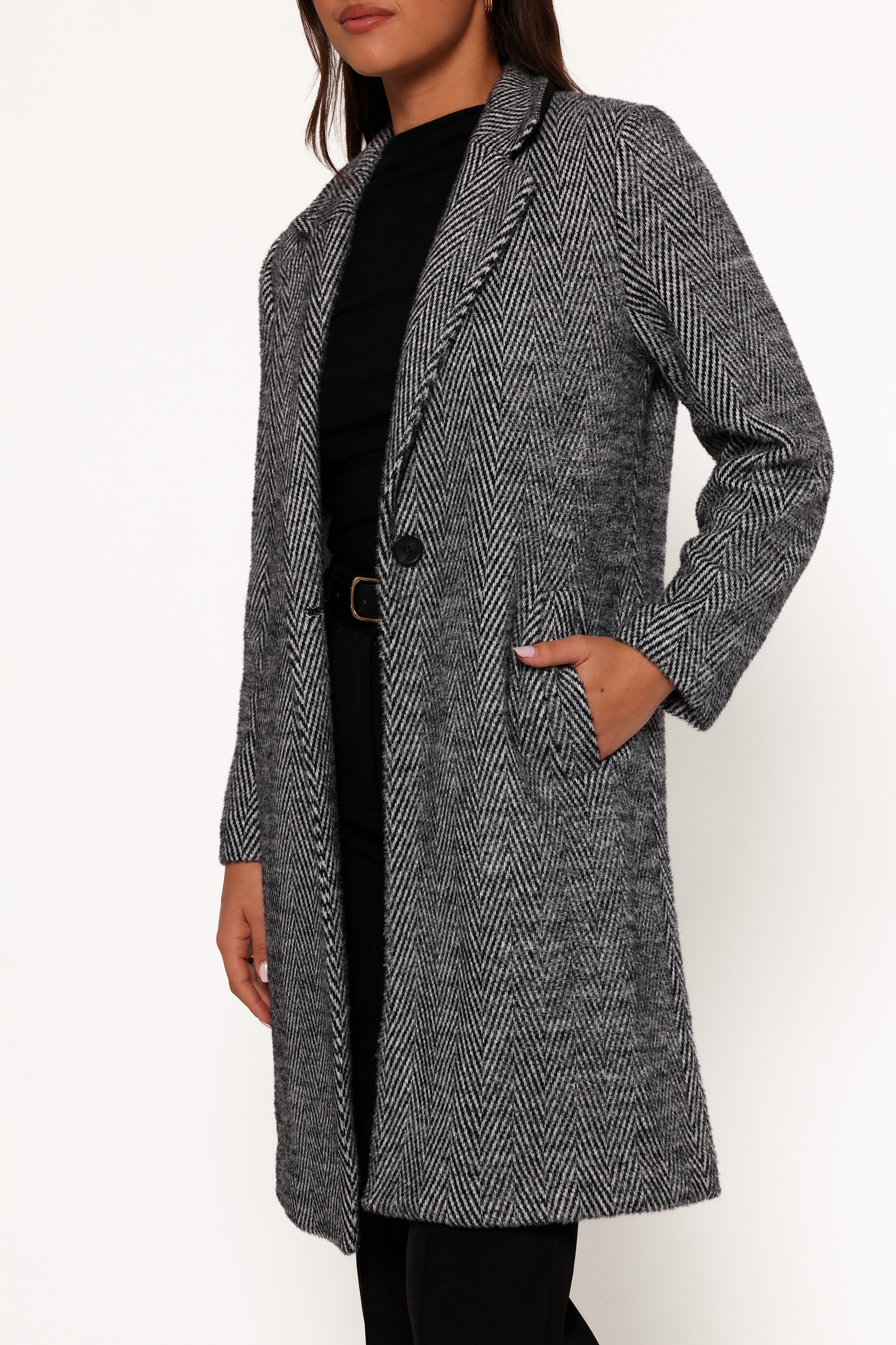 Nicoletta Single Button Herringbone Coat - Black-Lovveek