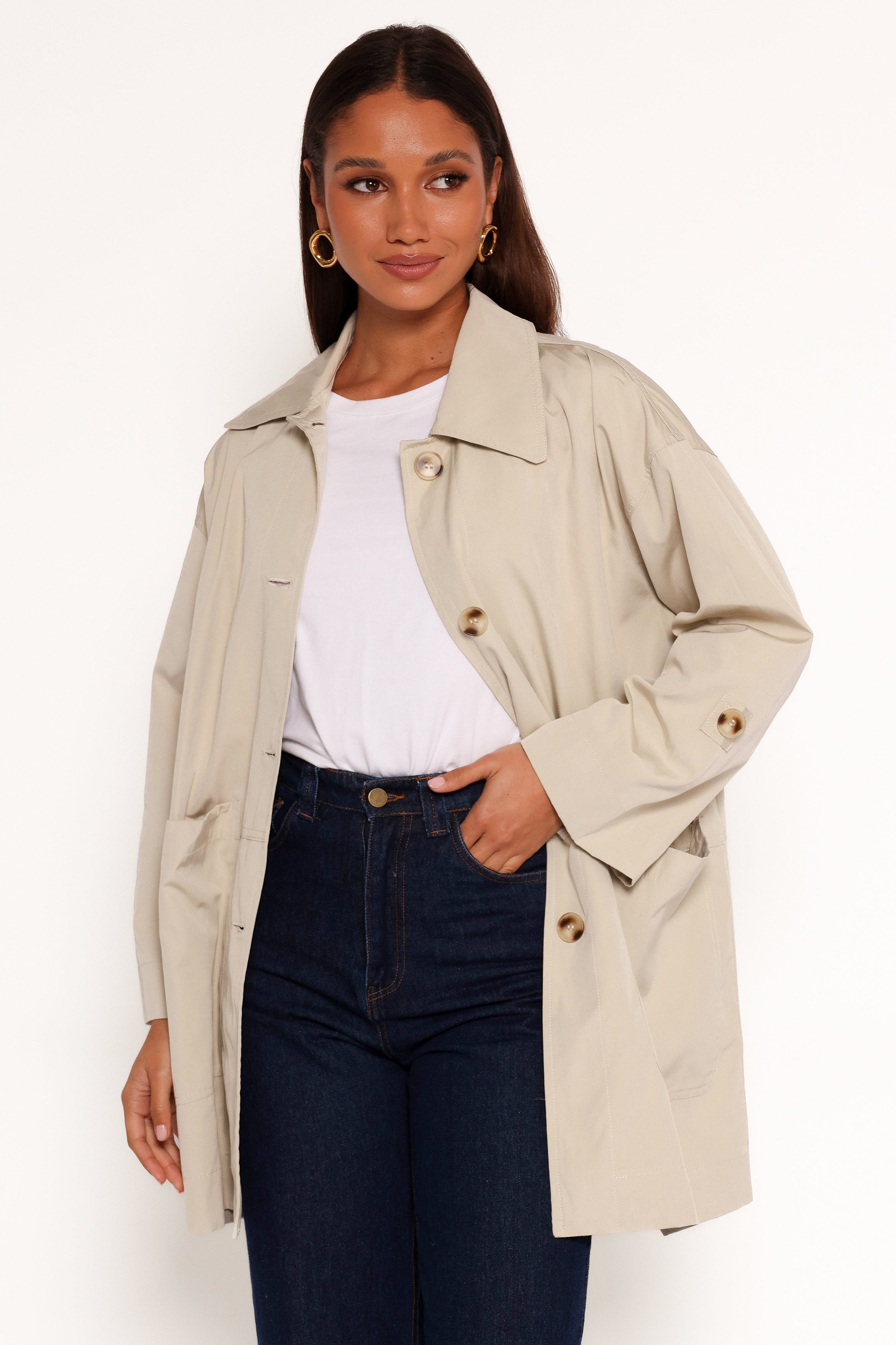 Stella Button Front Collar Jacket - Taupe-Lovveek