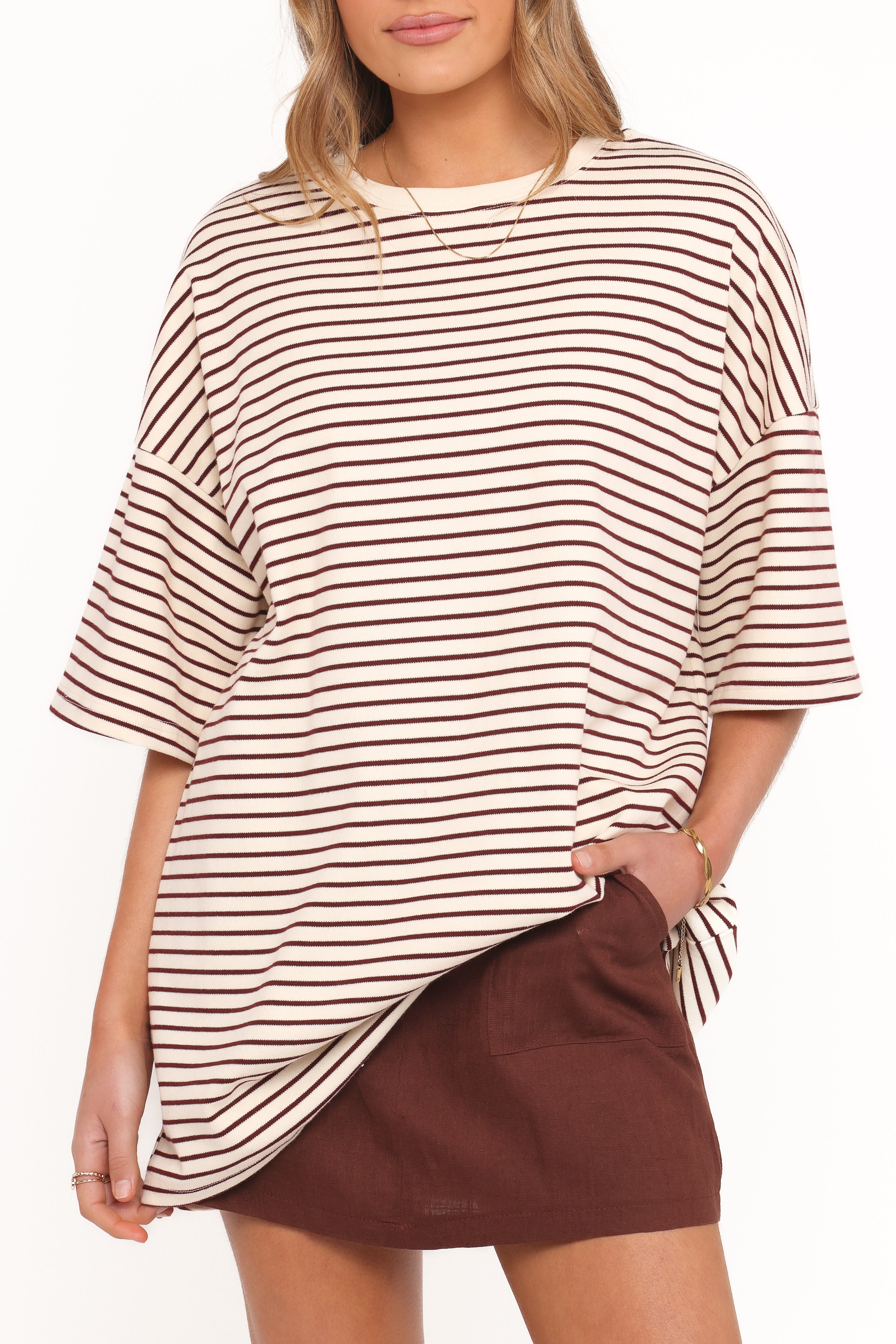 Wilda Oversized Tee - Cream Tan Stripe-Lovveek