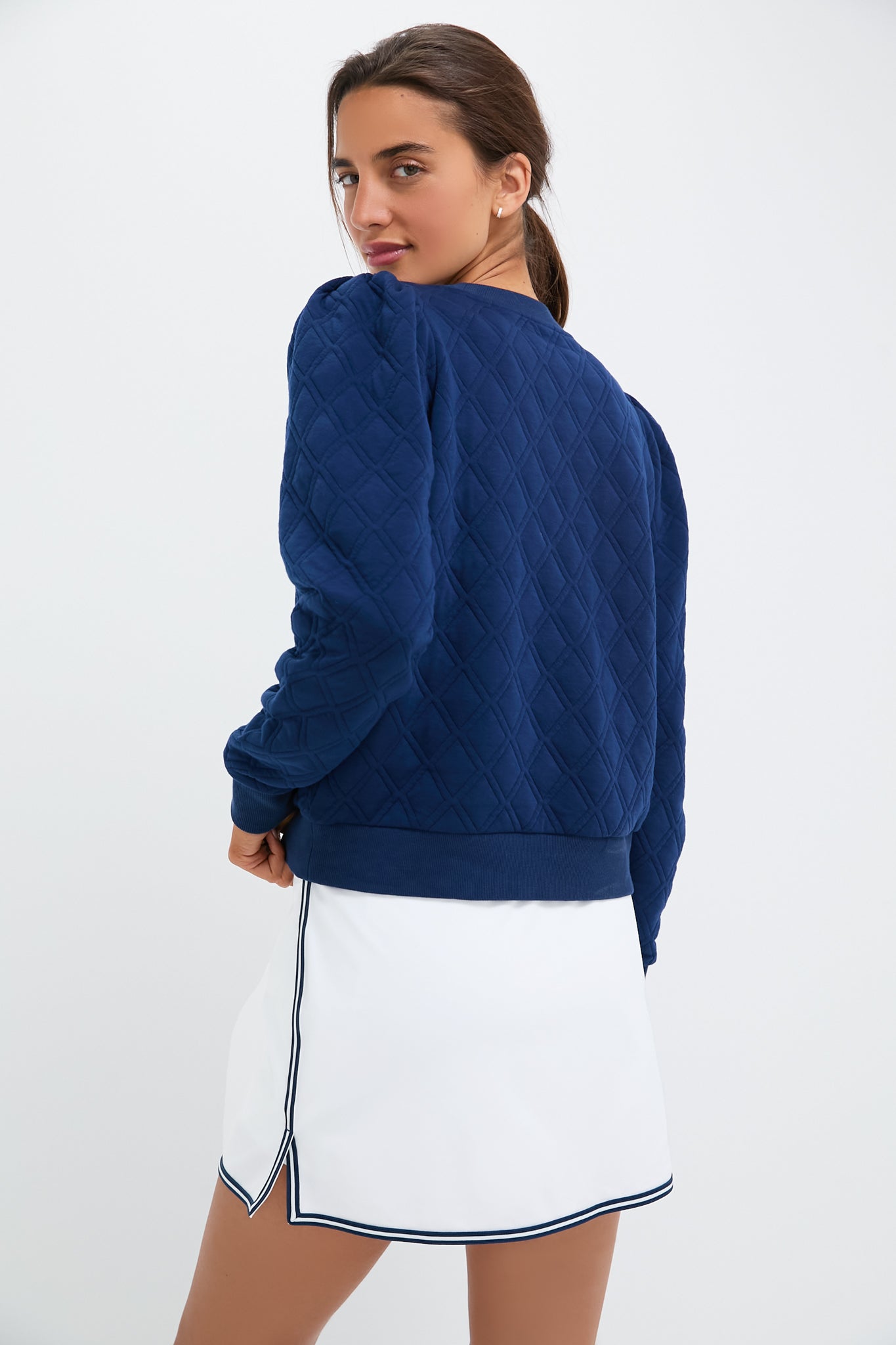 Navy Puff Sleeve Quilted Stretch Campbell Pullover-Get Girly